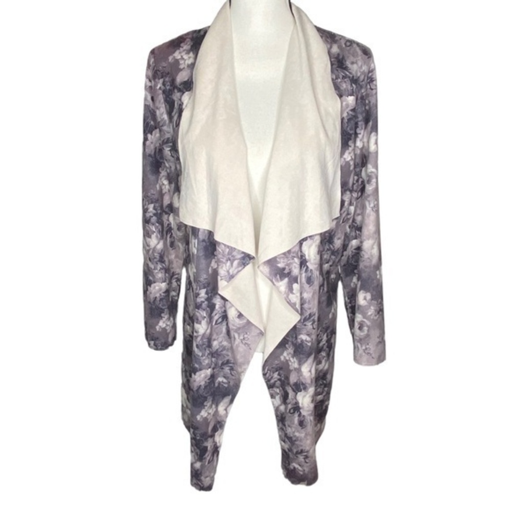 Solitaire Cardigan Faux Suede Floral Print Open Waterfall Cardigan Jacket Sz XL